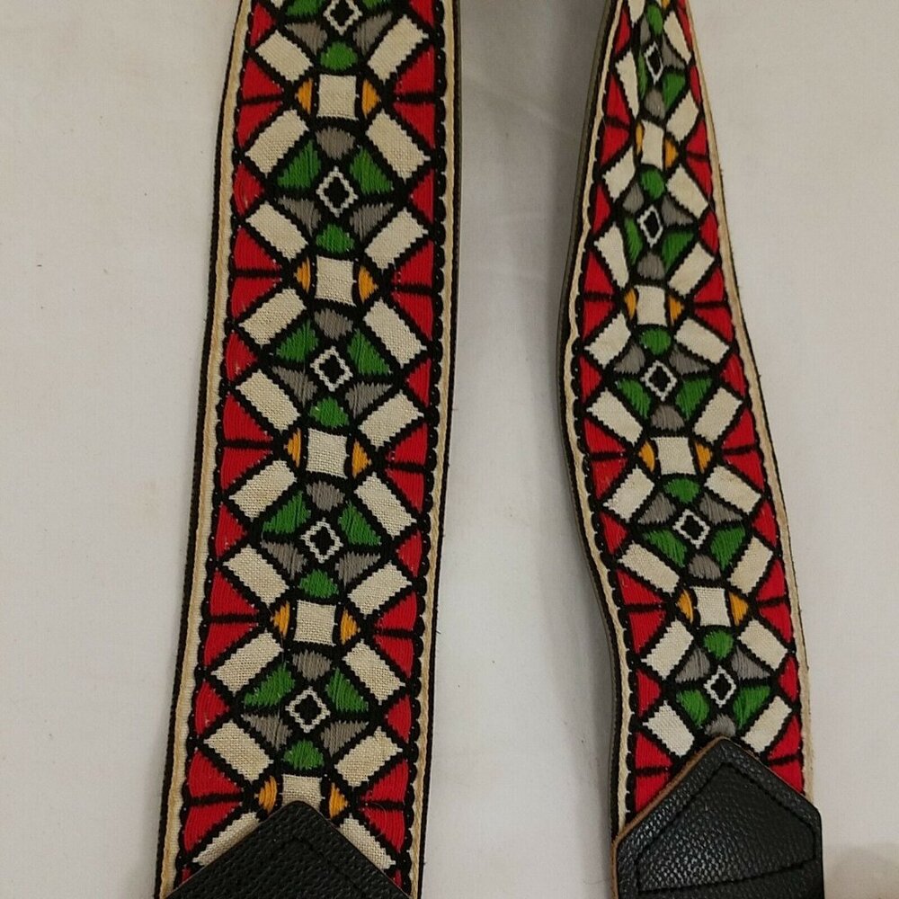 Vintage Stitched Leather Stained Glass Fabric Camera Shoulder Strap Harness 34"